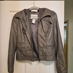 Grey Hooded Vegan Leather Biker Jacket - American Rag Cie Sz S - Moto Streetwear